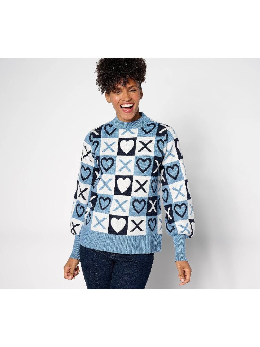 Studio Park x Courtney Khondabi Sweater Size 2X Galentines Heart Blue White Cozy